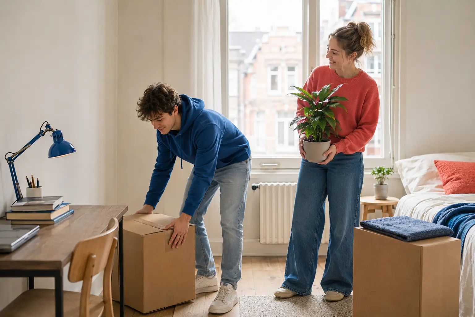 Studenten brengen dozen en planten naar hun nieuwe woning