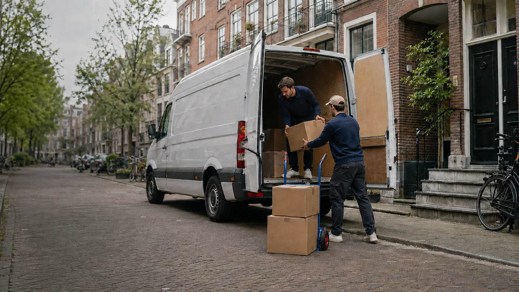 Twee jonge verhuizers laden verhuisdozen in een verhuiswagen op een Nederlandse straat